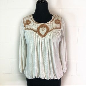 Free People Begonia Embroidered Cream Top Smocked Balloon Sleeve
